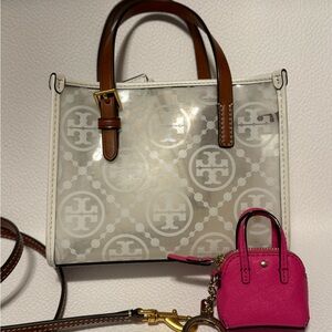 Tory Burch mini monogram clear Tote Bag with purse charm freebie